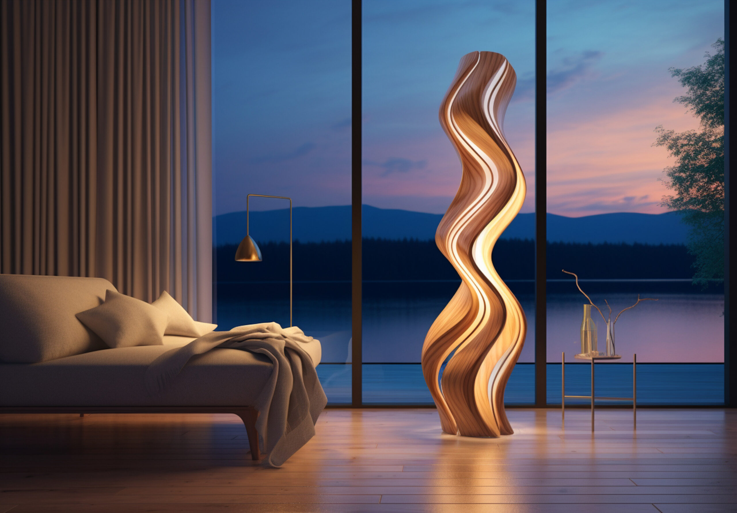 an attractive floor lamp with twilight glows at night in front of a spartan, in the style of wavy lines and organic shapes, vray, spiral group, contemporary diy, luminous sfumato, wood --ar 13:9 --v 5.2 Job ID: 48f2fa48-1363-4cb0-b718-70bdac1e4e42