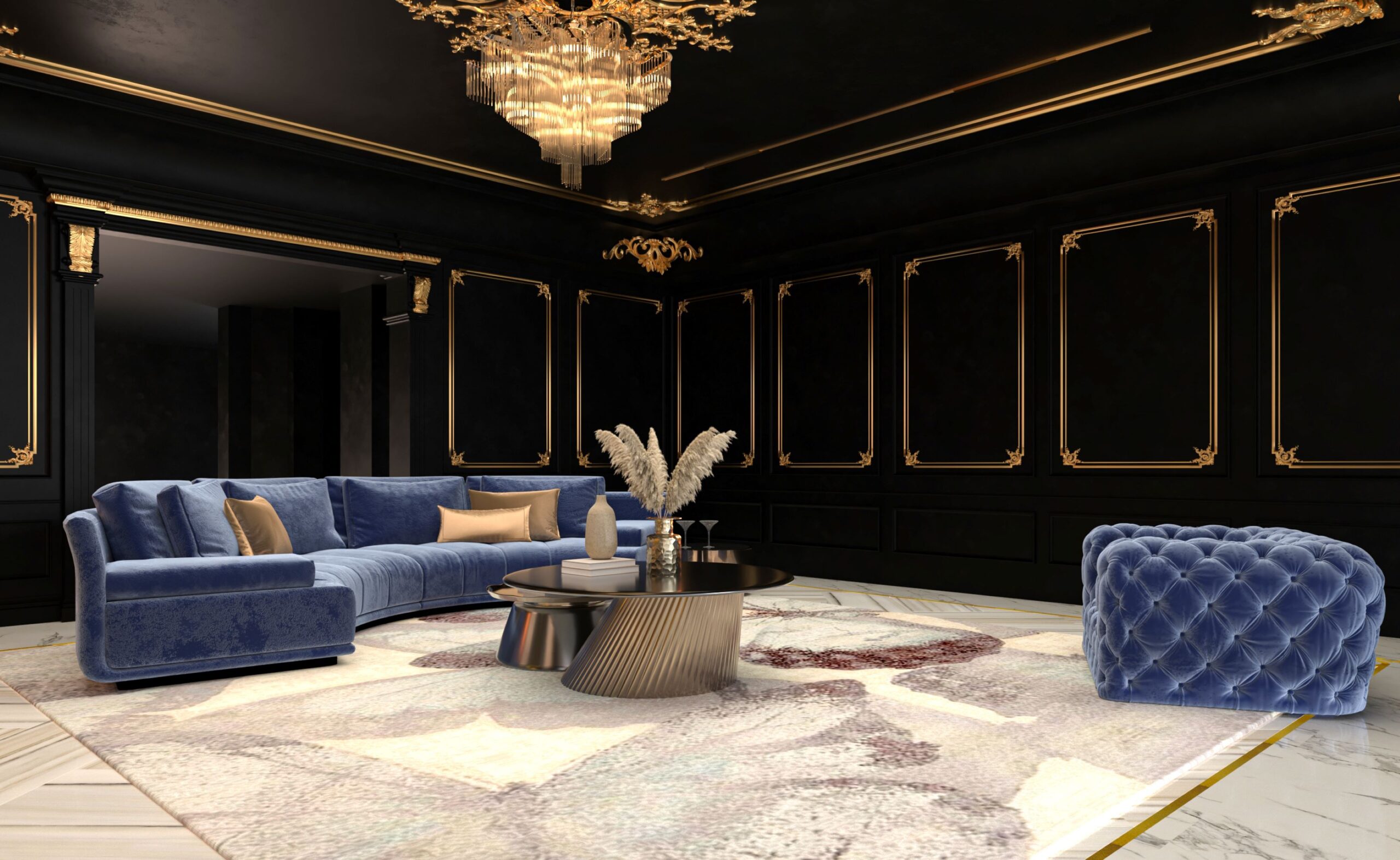 Living romm interior design with modern sofa furniture, golden artwork in wall chandelier concept